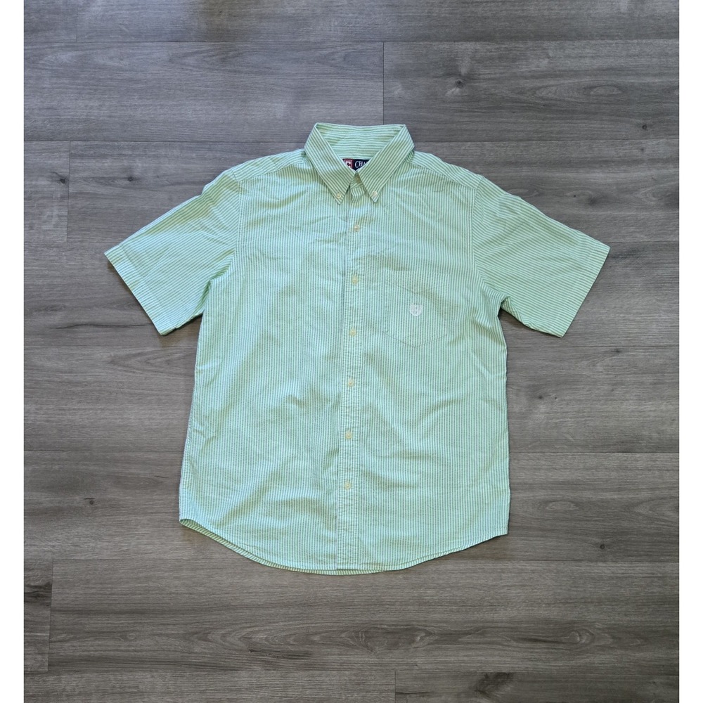Chaps Seersucker Shirt Mens Medium Green Stripe Short Sleeve Button Down
